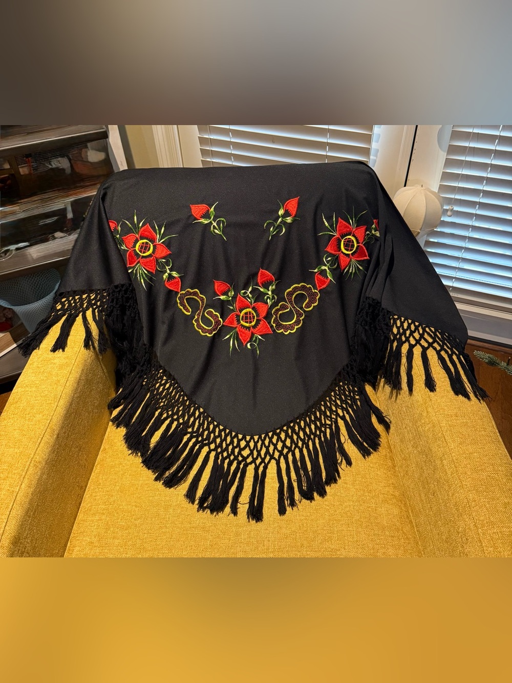 Vintage Black Embroidered Piano Shawl Flamenco Boho Fringe Triangular Wrap Scarf
